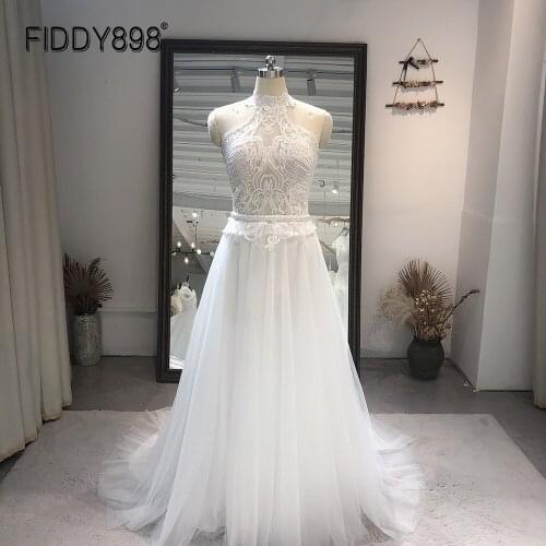 FIDDY898 Boho Wedding Dress Halter Sequins Two-pieces Bride Dress Lace Robe De Mariee Beaded Beach Wedding Dresses for Women