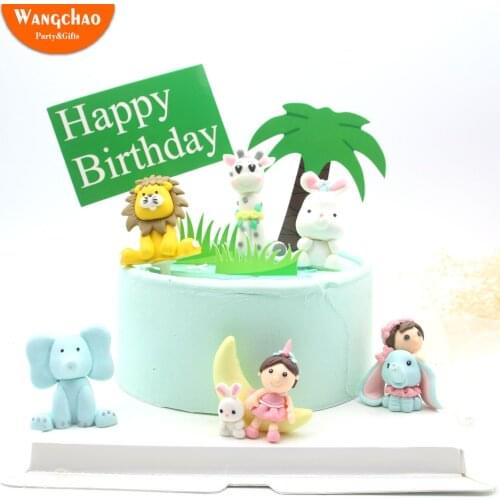 Safari Cake Topper Lion Giraffe Rabbit Elephant Animals Party Supplies Polymer Clay Cute Cartoon Cake Decoration Accessories