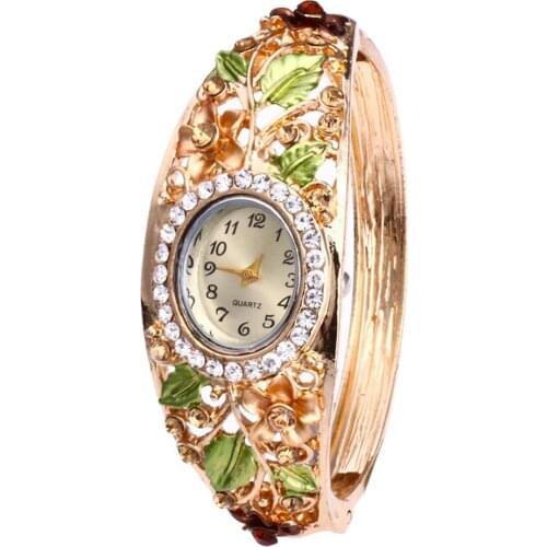 Fashion Vintage Unique Womens Watches Quartz Wristwatches Rhinestone Flower Bracelet Bangle Oval Dial Analog zegarek damski La