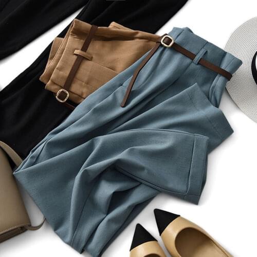 Womens Pencil Pants with Belt Solid Ankle-length Korean Style Harem Pants Office Lady Casual Summer Pants for Women