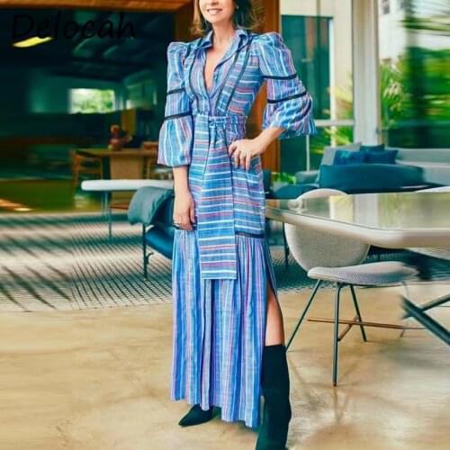 Delocah New 2021 Summer Women Fashion Runway Party Long Dress Lantern Sleeve Bow Sashes Elegant Ladies Split Dresses Vestidos