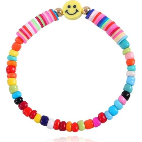Boho Smiley Face Charm Bracelet For Women Colorful Polymer Clay Handmade Heishi Disc Beads Bracelets Friends Gift Jewelry