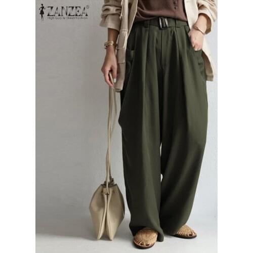 Elegant Women Trousers ZANZEA Autumn Elastic Waist Solid Wide Leg Pants Casual Loose Long Pantalon Robe Femme Plus Size Palazzo