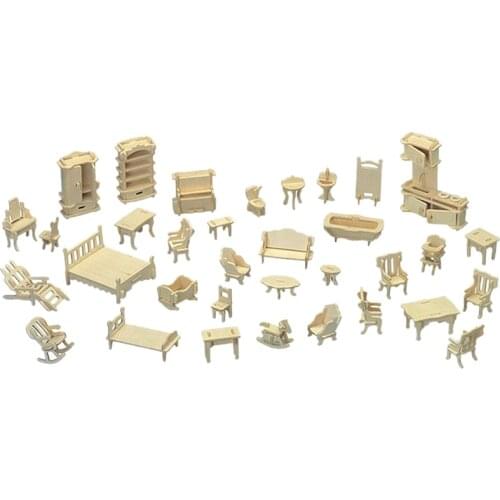 Wooden 3D Jigsaw Puzzle DIY Scale Miniature Models Doll House Dollhouse Furnitures Set Accessories