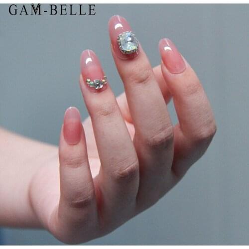 GAM-BELLE Long Oval Detachable Fake Nails Nude Pink with Shining Rhinestones Beauty Artificial Press On Nails Manicure Tools