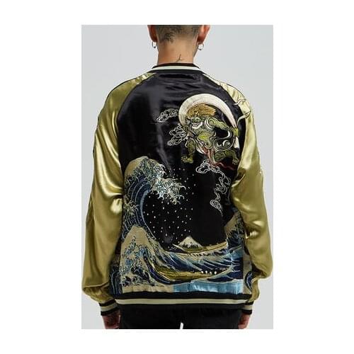 Yokosuka Reversible double-sided God of Wind and Thunder Waves Jackets Coats Vintage Casual Baseball uniform Fashion Modern New