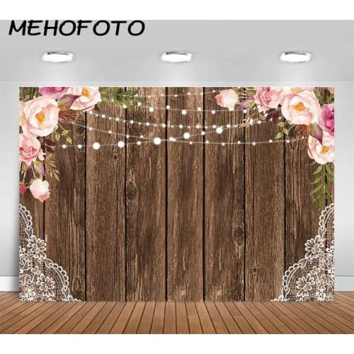 MEHOFOTO Lace Rustic Wood Flower Backdrop Bridal Shower Photo Background Floral Wood Board Birthday Party Photography Backdrops