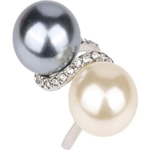 Double Color Simulated Pearl Rings For Women Shinning Rhinestones Wide Alloy Band Statement Ring Fashion Jewelry