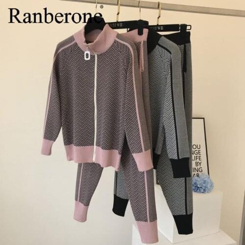 Ribbed printed Tracksuit 2 Piece Pant Suits For Women Knitted Long Sleeve Zipper Top Two Piece Set And Pants Suit Outwear
