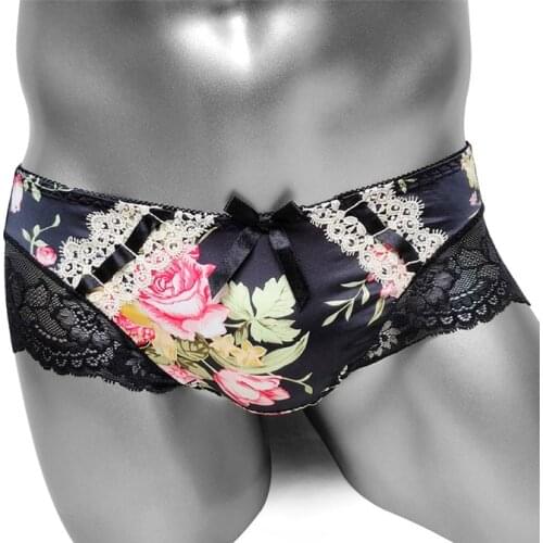 Lace Sissy Panties with Floral Print High Quality Satin Men Sexy Briefs Underwear Cute Fashion Male Briefs Panties Man