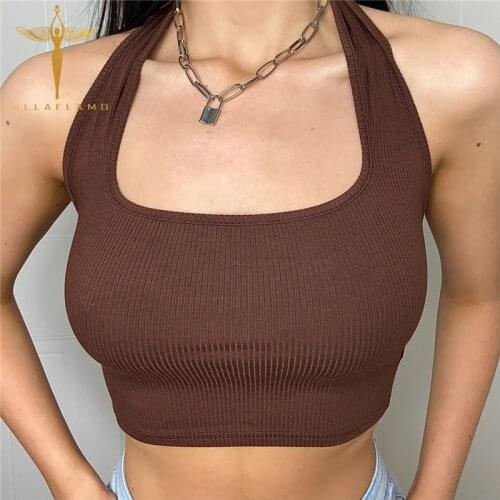 Halter Sleeveless Tank Tops Womens Brown Rib Knitted Streetwear Pullover Y2K Sexy U-Neck Backless Crop Tops Female INS Vest