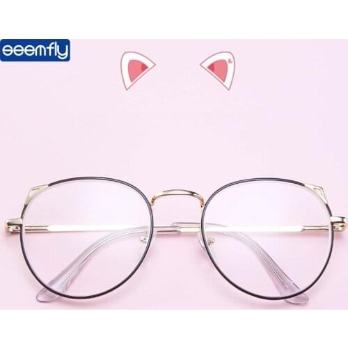 Seemfly Finished Metal Myopia Glasses Cute Cat Ear Short-sighted Spectacles Anti-blue Light Computer Goggles Diopters 0 to -4.0