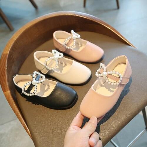 Fashion Kids Girl Princess Shoes Pearl Bow PU Leather Children Girl Party Shoes For Wedding Casual Korean Baby Girl Footwear
