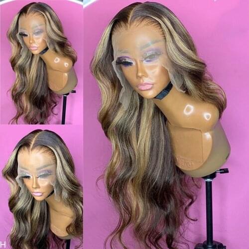 Brown Body Wave Lace Front Human Hair Wigs For Women Pre Plucked Brazilian Remy Highlight Honey Blonde Lace Front Wig 180