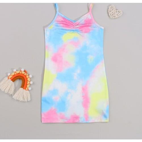 2021 Girls Casual Slip Dress Multicolor Tie-dyed Printed Pattern V-neck Sleeveless Straight Dresses Casual Children Clothing