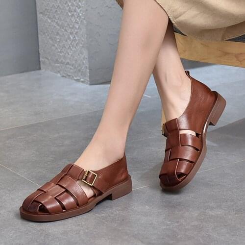 Genuine Leather Retro Summer Shoes Women Sandals Buckle Strap 2021 New Handmade Weave Concise Flat with Casual Ladies Sandals