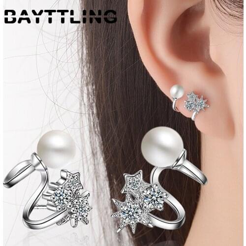 BAYTTLING AAA Zircon 925 Sterling Silver 15 MM Star Flower Freshwater Pearl Stud Earrings For Woman Fashion Wedding Jewelry Gift
