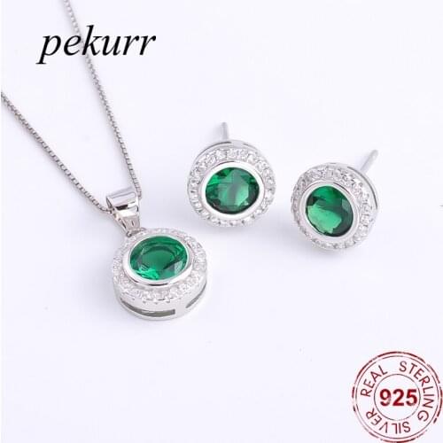 Pekurr 925 Sterling Silver Zircon Big Round Gems Earrings Necklace Sets For Women Colorful Pendants Chain Pendants Jewelry