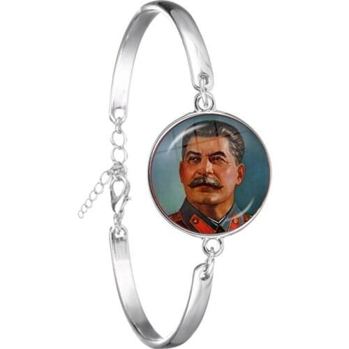 Soviet USSR Stalin Lenin Chain Bracelet Classic Red Star Hammer Sickle Communism Emblem CCCP Glass Cabochon Bangle For Gift