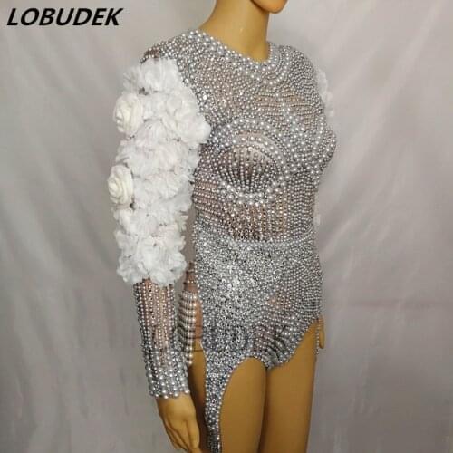 Women Luxurious Dance Clothing Silver Rhinestones Pearls Petal Sleeve Bodysuit Sexy Jazz Dance Team Costume Party Show Costume