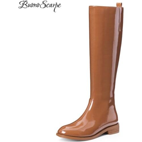 BuonoScarpe Fashion Patent Knee High Boots For Women Zippr Warm Winter Boots High Quality Handmade Flat Boots Sexy Party Boots