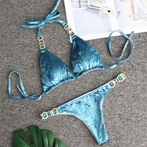 Blue gold velvet female split swimsuit 2020 new crystal diamond bikini Push Up Suit Sexy Halter Bikini