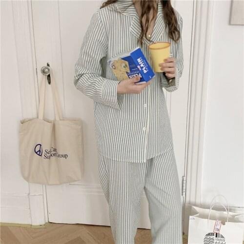 Spring autumn striped sleepwear long sleeve pants cardigan simple home clothes 2 piece set women pajama set homewear L377