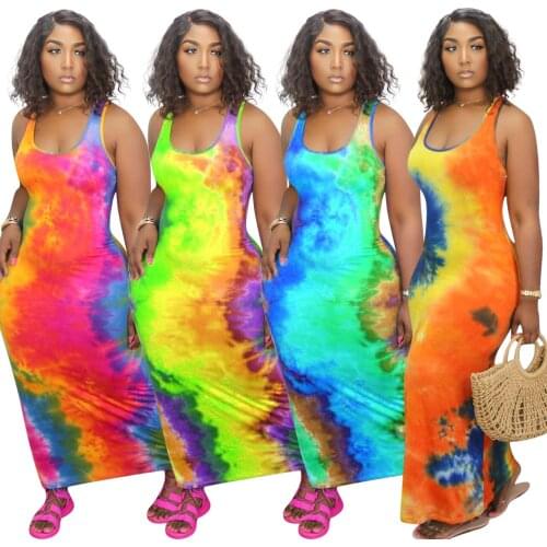 Plus Size Sleeveless Maxi Dress Women Sexy O Neck Tank Top Long Sundress Summer Casual Streetwear Tie Dye Fashion Outfit Dresses