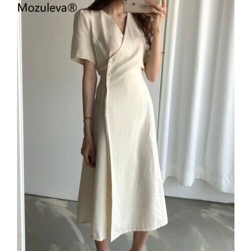 Mozuleva 2021 New Women Summer High Waist V Neck A-line Dresses Casual Loose Cotton and Linen Fold Long Shirt Dress Femme