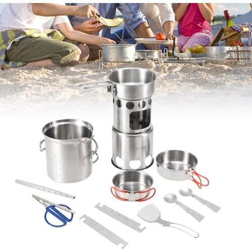 10Pcs Camping Cookware Mess Kit Portable Stainless Steel Pot Pan Set Bowls Spoon Spork Tableware Cooking Set Folding Wood Stove