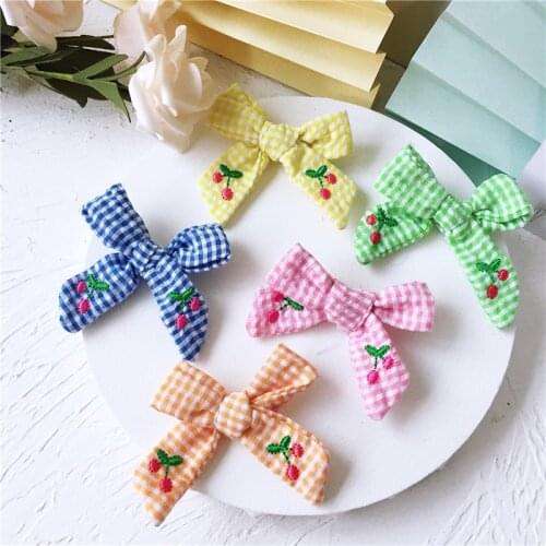 8cm 5pcs/lot Plaid cherry embroidered cloth bow DIY Tie Shaped Appliques Satin Ribbon Bow Appliques Craft DIY Wedding Decoration