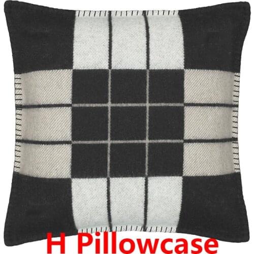 Letter H Brown Gray Wool & Cashmere Knitted Soft Cover For Adults Pillowcase Thread Yarn Dyed Plaid Cushion Cover
