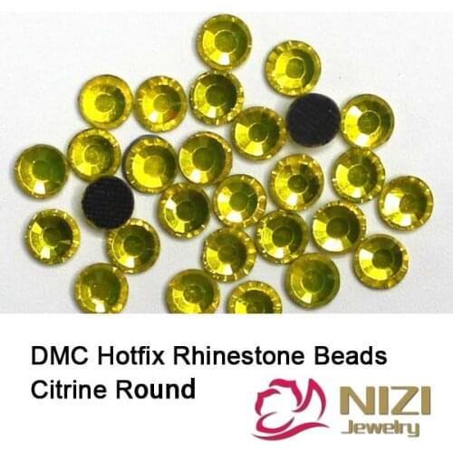DMC Hotfix Rhinestones Citrine Color SS6-SS30 Round Flatback Iron On Glass Chatons Appliques For Garments DIY Accessories