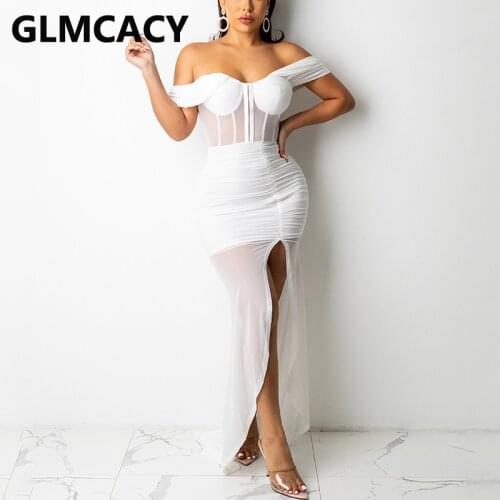 Off Shoulder Elegant Bodycon Evening Party Dress Mesh Insert Slit Dress