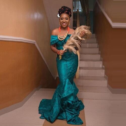 Elegant Off The Shoulder Mermaid Prom Dresses Aso Ebi Ruffles Tiered Long Evening Dress Custom Made African Formal Party Gown