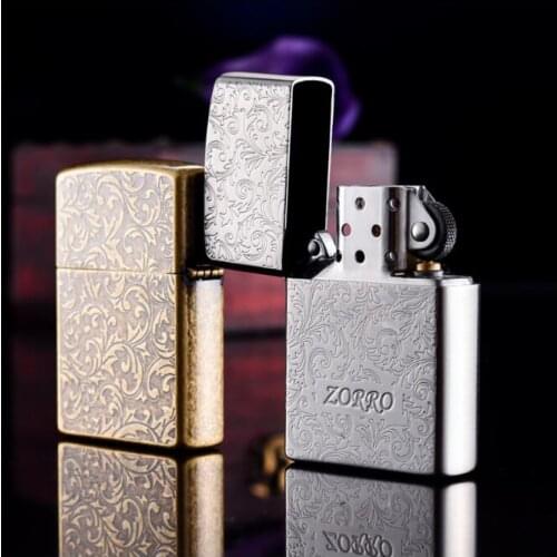 Zorro Kerosene Lighter Pure Copper Fine Carving Tang Grass Grinding Wheel Ignition Gasoline Lighter Men Gift