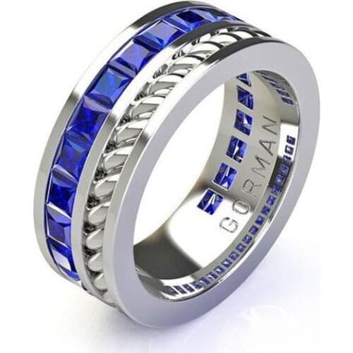 Hot Sale European and American Unisex Blue Square Cubic Zirconia Crystal Silver Color Alloy Ring for Men Women Party Jewelry