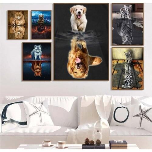 Canvas Painting Nordic Animals Reflection Pictures Cat Elephant Posters and Prints Wall Art Pictures for Living Room Home Decor