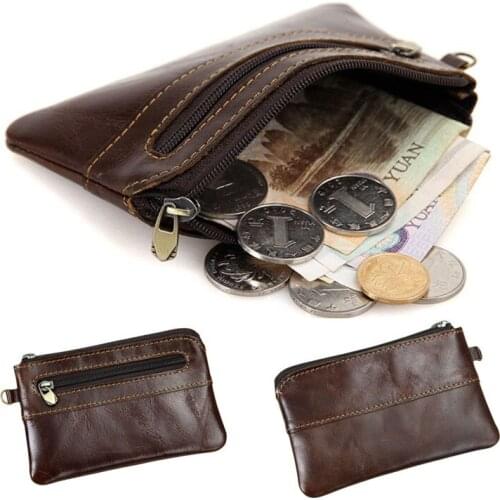 30PCS / LOT Zipper Coin Genuine Leather Men Coin Key Wallet Female Women Card Bag Vintage Retro Short Mini Purses