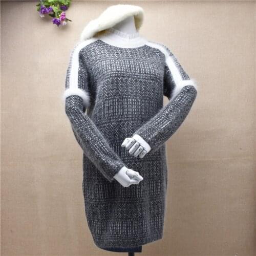 Fashion women medium length sweater with texture gray knitting warm rabbit hair clothes long sleeve round neck slim Pullover