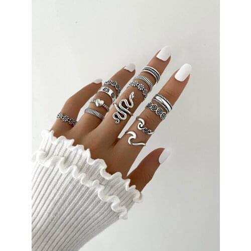 Stillgirl 13Pcs Boho Flower Silver Color Snake Rings for Women Vintage Heart Carving Set Female Punk Fashion Jewelry Bague Femme
