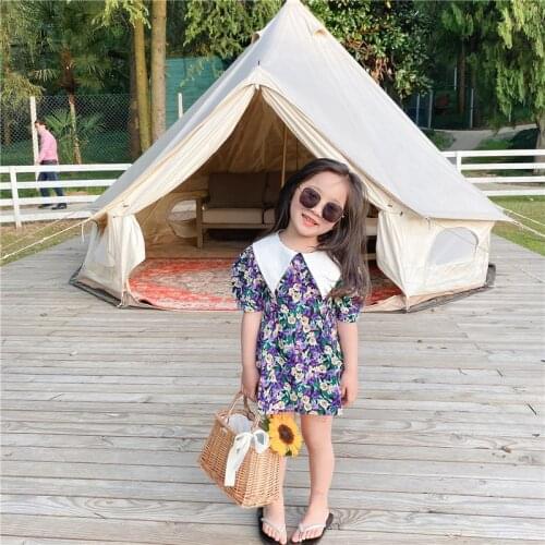 2021 Summer Korean new girl big turn collar bump colored flower princess dress fashion childrens dress