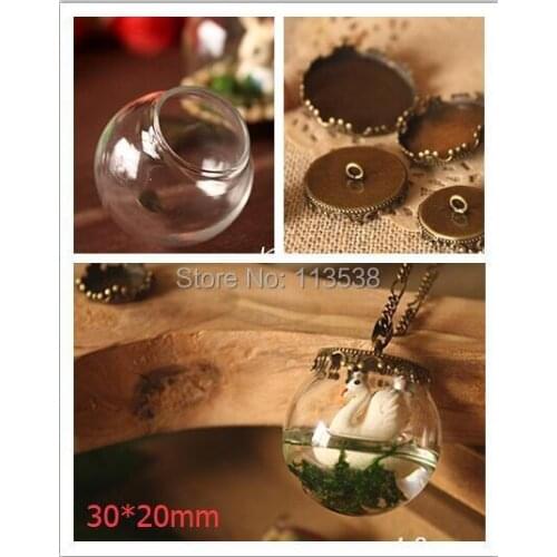 NEW 500sets/lot 30*20mm clear empty glass globe with base findings set glass bubble DIY vial pendant round glass ball Bottle