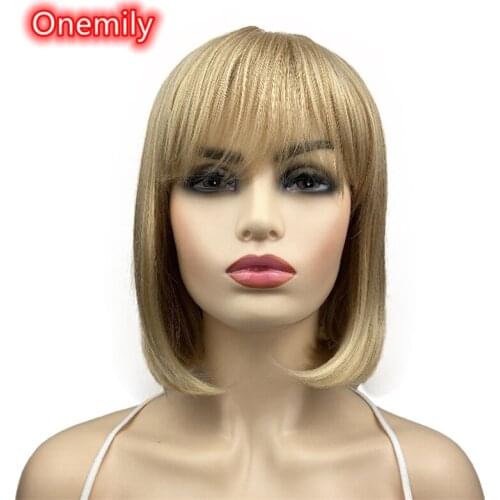 Onemily Short Bob Heat Resistant Synthetic Hair Wigs for Women Girls with Neat Bangs Party Evening Out Fun Golden Blonde