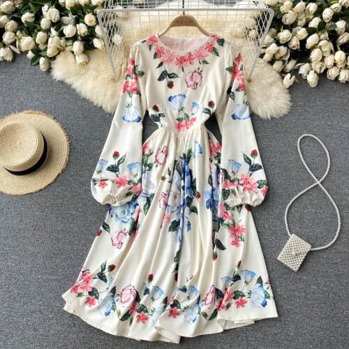 Luxury Europe Style New Spring Autumn Women 3/4 Sleeves Vintage Floral Print Midi Dress High Street Ladies Party Dresses Vestido