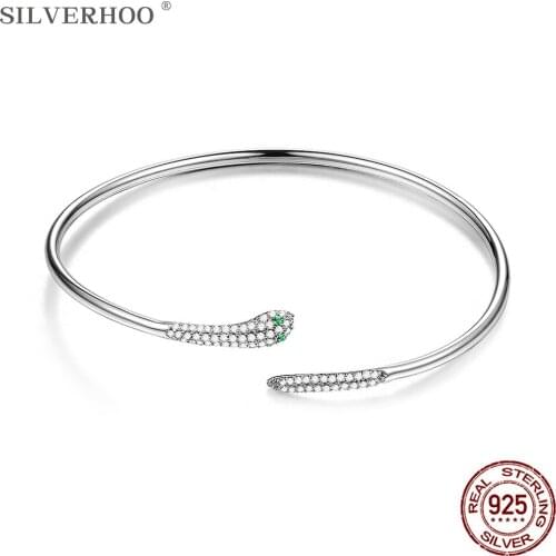 SILVERHOO Adjustable Cuff Bangles Cubic Zirconia S925 Sterling Silver Bracelet Bangles Luxury Snake Shape Female Jewelry Direct