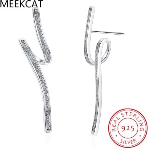 MEEKCAT 925 Sterling Silver Zircon Geometric Curve Stud Earrings for Women Sweet Party Jewelry Gifts 2021 New Arrival S-E1319