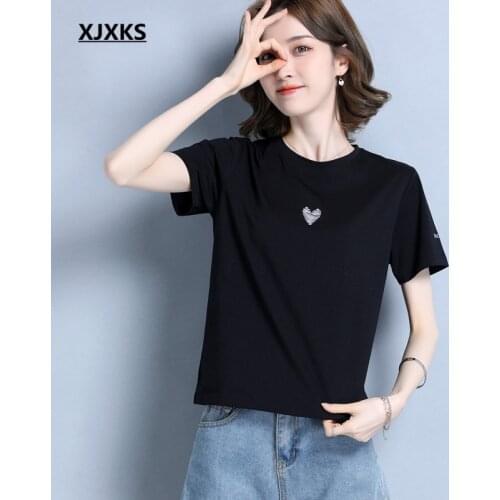 XJXKS Round neck short-sleeved top women summer T-shirt 2021 new high-end 100% pure women T-shirt