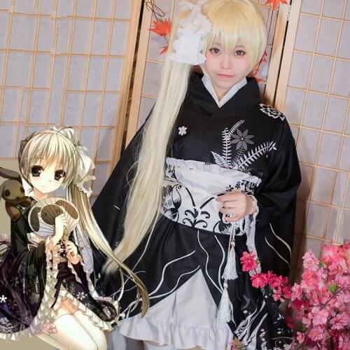 Japanese Kimono Costume Kawaii Anime Cosplay Performance Costume Japan Traditional Black Kimono Girls Yukata Wig+Rabbit DQL1879
