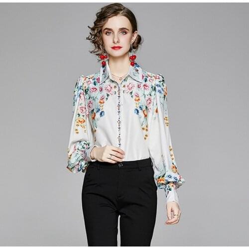 Women Fashion Flower Print Runway Blouses 2021 Spring Summer Female Lantern Sleeve Casual Turn-down Collar OL Style Shirts Top